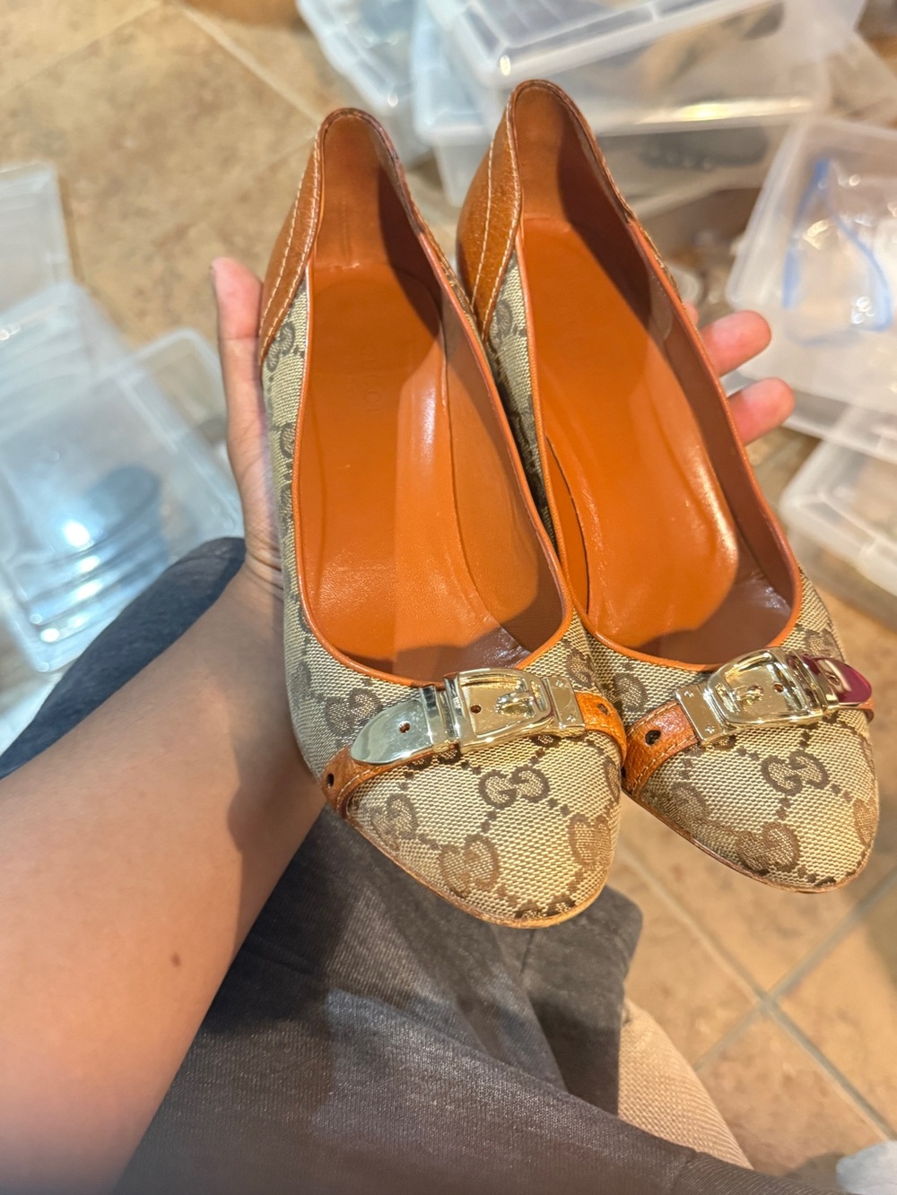 Gucci Beige Monogram Ballet Flats with Tan Leather Trim and Gold Buckle